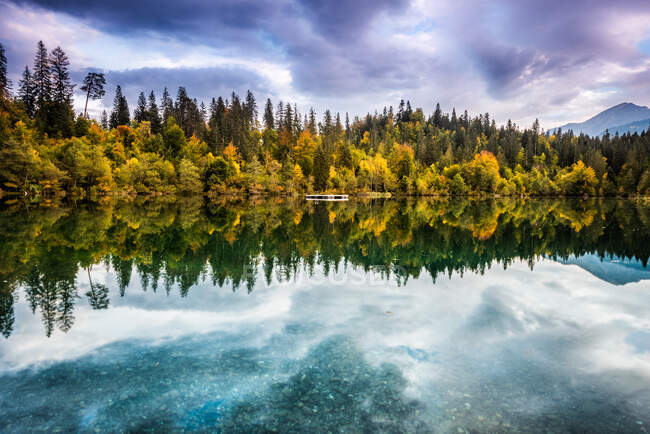 Reflexões florestais no lago, Crestasee, Grisons, Suíça — Fotografia de Stock