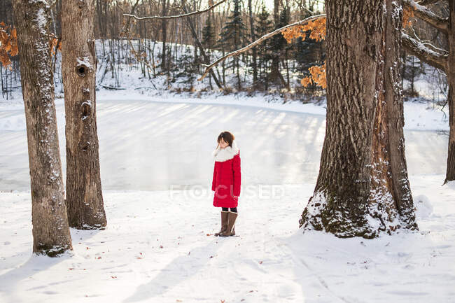 Mädchen steht im Winter vor einem zugefrorenen See, USA — Stockfoto