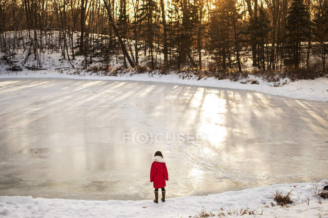 Menina de pé na frente de um lago congelado no inverno, Estados Unidos — Fotografia de Stock