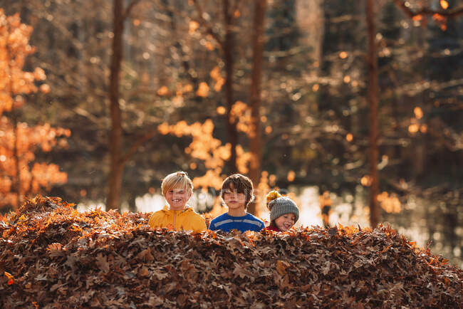 Três crianças brincando em uma pilha de folhas, Estados Unidos — Fotografia de Stock