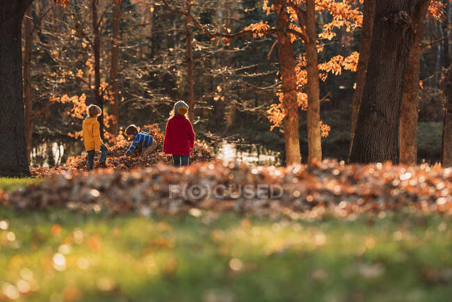 Tres niños jugando en una pila de hojas, Estados Unidos - foto de stock