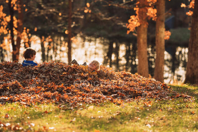 Deux garçons jouant dans un tas de feuilles, États-Unis — Photo de stock