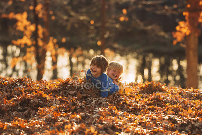 Deux garçons jouant dans un tas de feuilles, États-Unis — Photo de stock