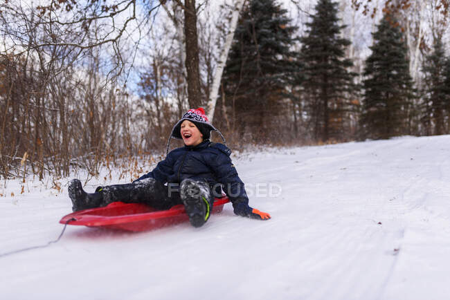 Boy on a sledge laughing, Wisconsin, Estados Unidos — Fotografia de Stock