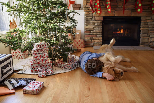 Junge kuschelt mit Hund im weihnachtlich dekorierten Interieur — Stockfoto