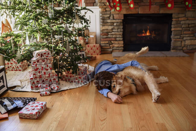 Junge kuschelt mit Hund im weihnachtlich dekorierten Interieur — Stockfoto