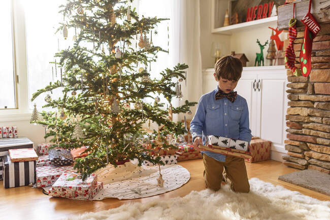 Garçon agenouillé devant un arbre de Noël regardant des cadeaux — Photo de stock