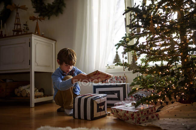 Niño arrodillado frente a un árbol de Navidad mirando regalos - foto de stock
