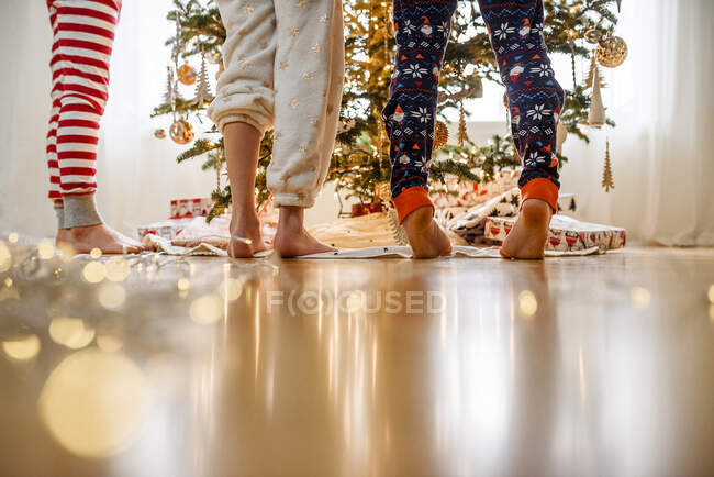 Primer plano de las piernas de tres niños mientras decoran un árbol de Navidad - foto de stock