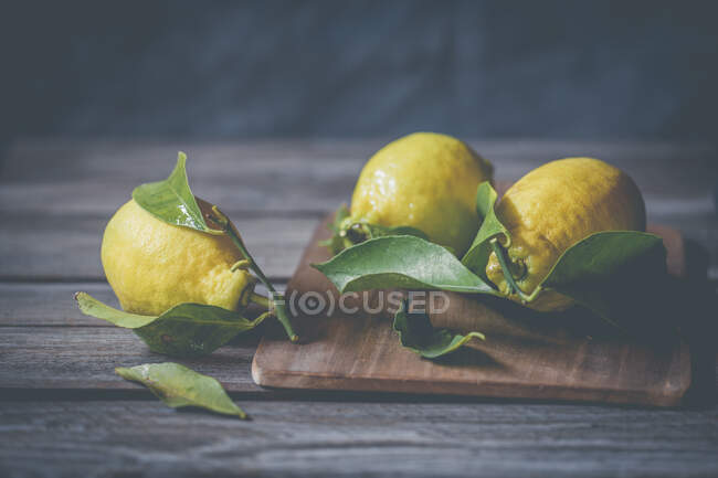 Citrons fraîchement cueillis sur une table en bois — Photo de stock