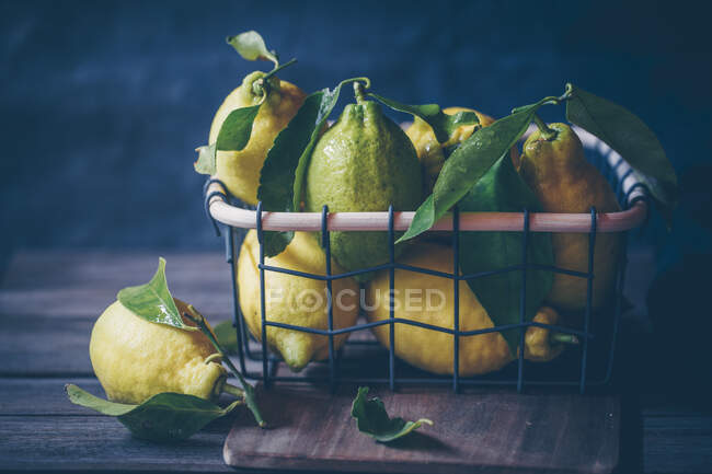 Свежие лимоны в металлической корзине — стоковое фото
