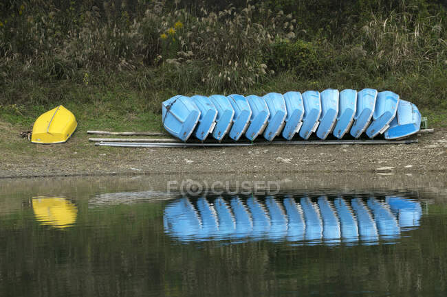Академические гребные лодки, построенные на берегу озера Шикоцу, Фудзи, Япония — стоковое фото