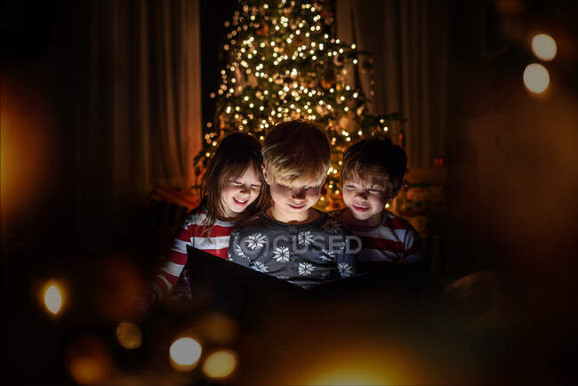 Three children sitting in front of a Christmas tree reading a book — Stock Photo