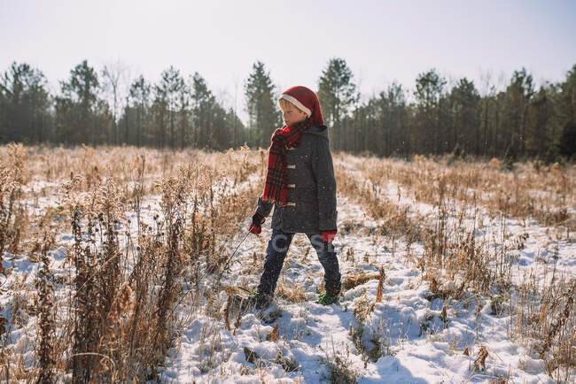 Мальчик, гуляющий по полю зимой, Соединенные Штаты — стоковое фото