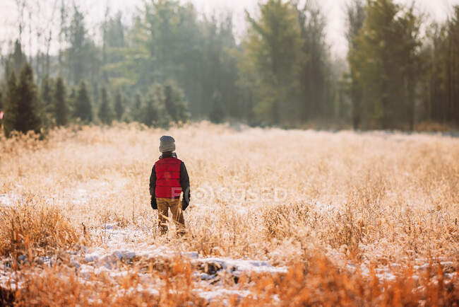 Мальчик, стоящий в поле зимой, США — стоковое фото