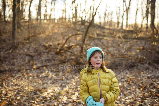 Girl in autumn forest scene in sunlight — Stock Photo