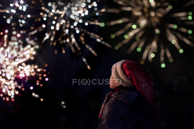Visão traseira de um menino assistindo a uma exibição de fogos de artifício — Fotografia de Stock