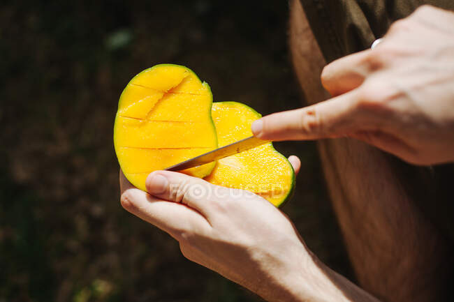 Homme coupant une mangue au couteau, Seychelles — Photo de stock