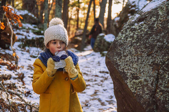 Menina de pé na floresta comendo um pedaço de gelo, Estados Unidos — Fotografia de Stock