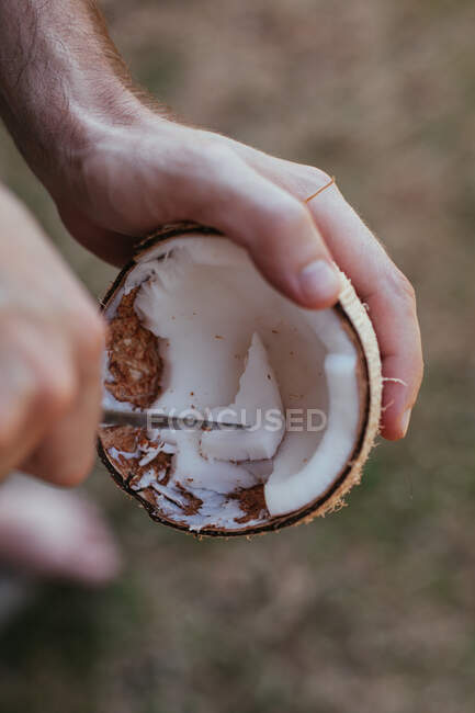 Uomo che taglia una noce di cocco fresca, Seychelles — Foto stock
