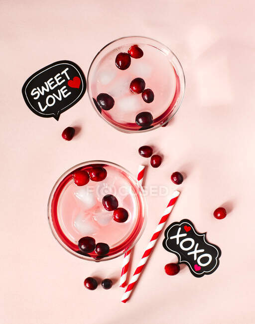Roter Preiselbeercocktail mit Wodka auf rosa Hintergrund, Draufsicht. — Stockfoto