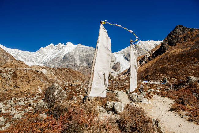 Prayer flags in mountainous landscape under blue sky — Stock Photo