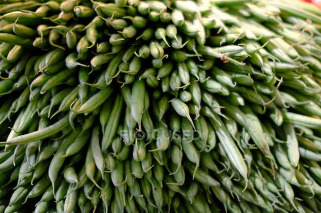 Pila de vainas frescas de guisantes verdes crudos, vista cercana - foto de stock