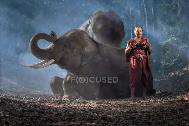 Retrato de El anciano y los elefantes en el blackground, estilo vintage. Surin Tailandia. - foto de stock