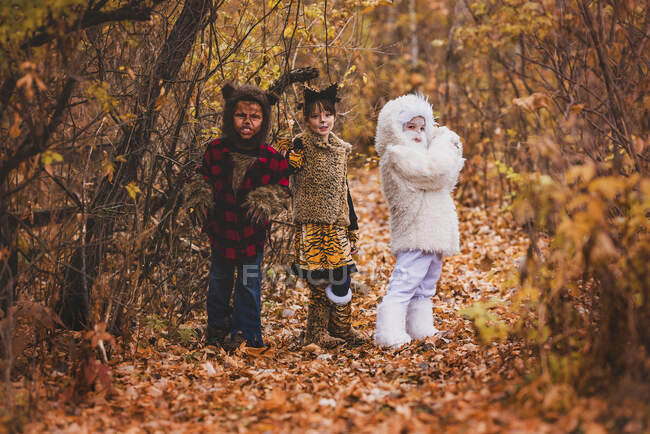 Trois enfants debout dans une forêt vêtus de costumes d'Halloween, États-Unis — Photo de stock