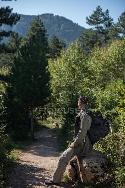 Randonneur assis sur un rocher dans la forêt, Bosnie-Herzégovine — Photo de stock
