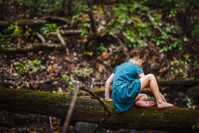 Mädchen klettert im Wald an einem umgestürzten Baum entlang — Stockfoto