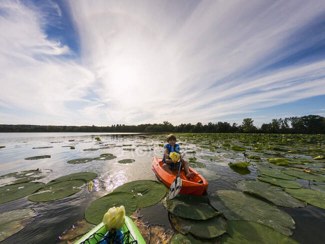 Boy kayaking in lake filled with water lilies — Stock Photo