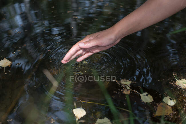 Donna immergendo la mano in un fiume, Bulgaria — Foto stock