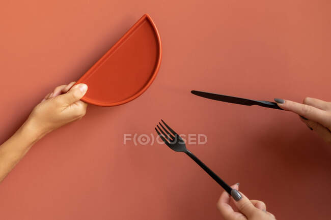 Female hands holding ceramic tableware and cutlery — Stock Photo