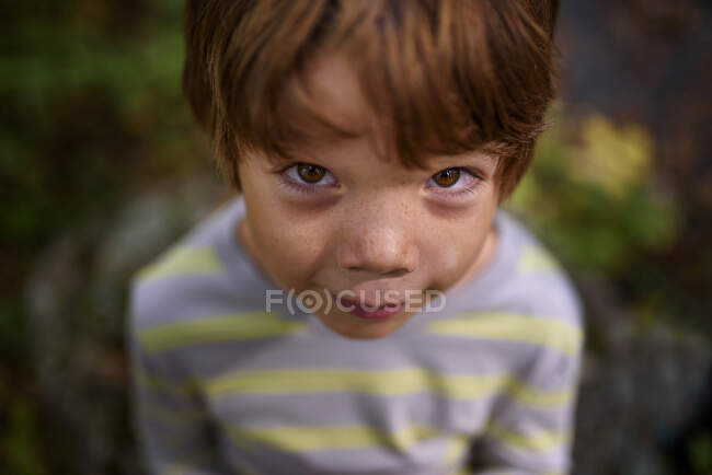 Porträt eines Jungen mit Sommersprossen, der im Frühherbst im Wald steht, USA — Stockfoto