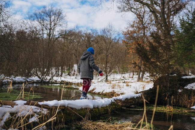 Boy crossing a fallen log in winter, United States — Stock Photo
