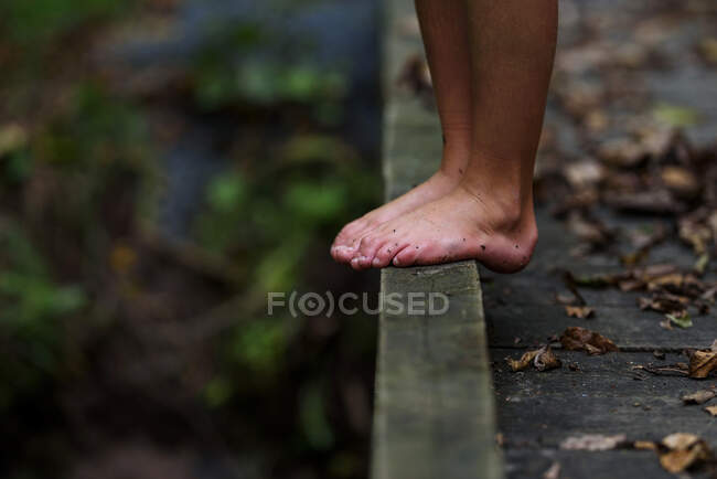 Зворотний бік брудних ніг хлопчика, що стоїть на пішохідному мосту в лісі, США. — стокове фото