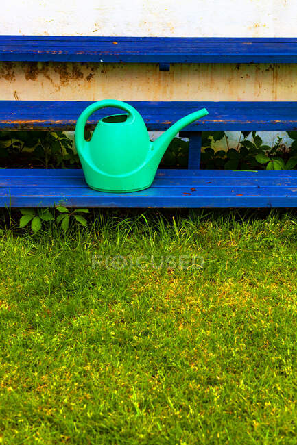 Green watering can on blue steps in a garden — Stock Photo