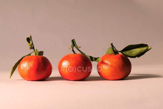 Tres mandarinas seguidas en una mesa - foto de stock