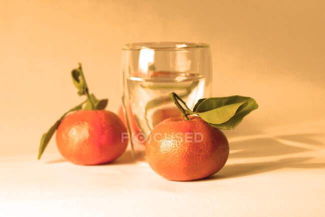 Dos mandarinas junto a un vaso de agua en una mesa - foto de stock