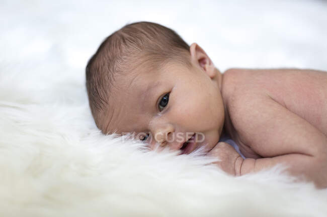 Новорожденная девочка лежит на пушистом белом ковре — стоковое фото