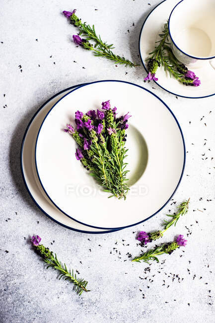 Verano moderno ajuste de mesa con flores de lavanda fresca sobre mesa de hormigón - foto de stock