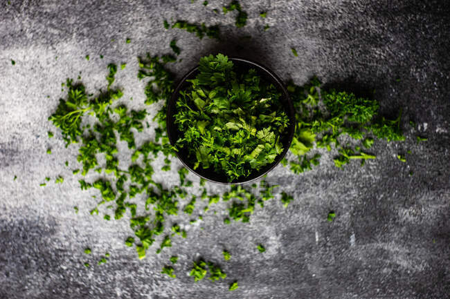 Нарезанная трава кориандра в миске в качестве кулинарного ингредиента — стоковое фото