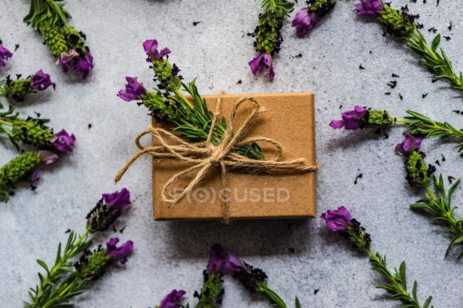 Fiori di lavanda fresca nel concetto di scatola regalo su sfondo concreto — Foto stock