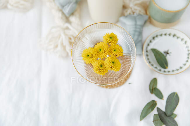 Hermosas flores en vidrio sobre la mesa, vista superior - foto de stock