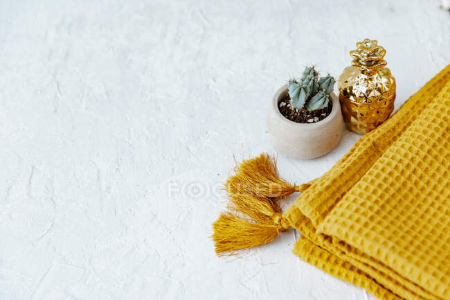 Planta em vaso e decoração de abacaxi dourado com cachecol amarelo — Fotografia de Stock