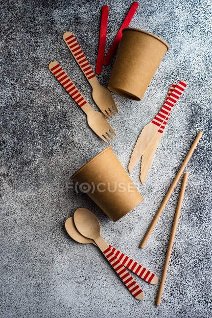 Recycle foodware on stone background as a eco food concept with copy space — Stock Photo