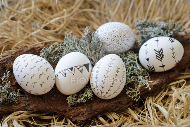 Primo piano di cinque uova di Pasqua decorate su corteccia in un nido di uccelli — Foto stock
