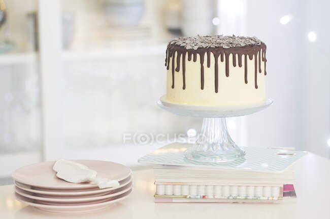 Ванильный праздничный торт с шоколадной ганачой, глазурью, на тортике на кухне — стоковое фото