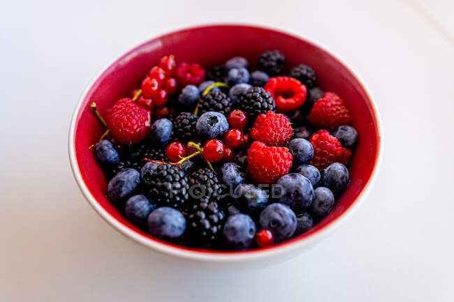 Bowl of fresh blueberries, raspberries, blackberries and redcurrants — Stock Photo